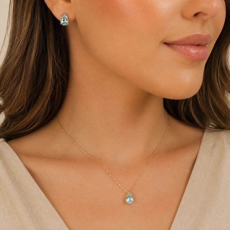 Conjunto Dourado Cristal Gota Azul Claro