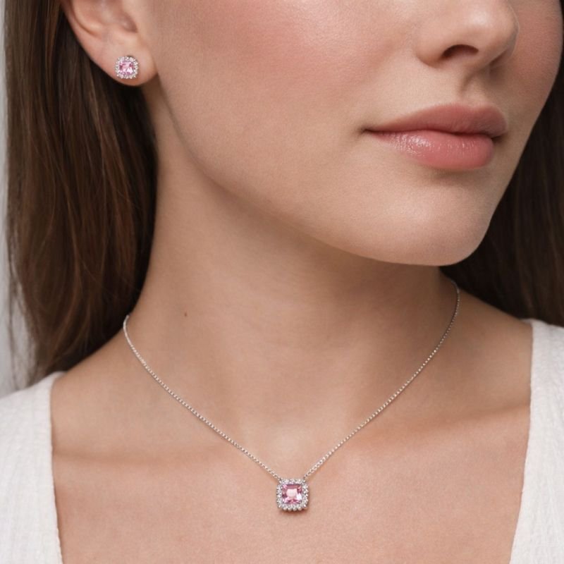 Conjunto Prata Quadrado com Zircônia Rosa