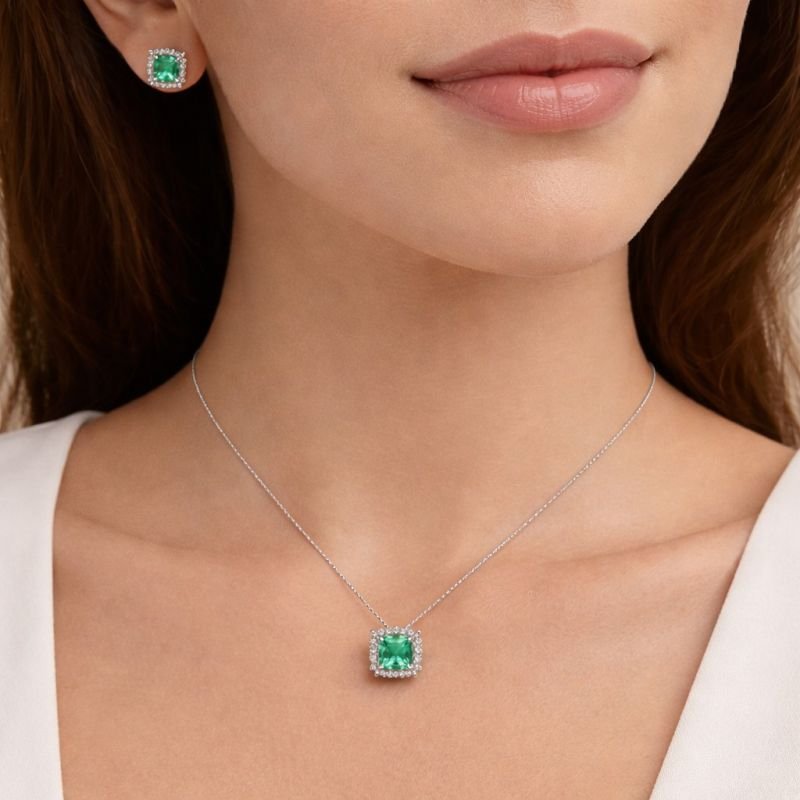 Conjunto Prata Quadrado com Zircônia Verde