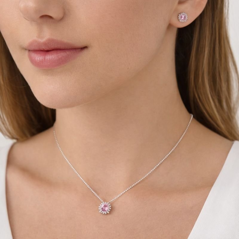 Conjunto Prata Redondo com Zircônia Rosa