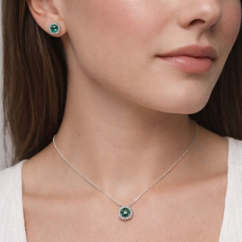 Conjunto Prata Redondo com Zircônia Verde
