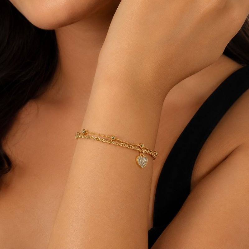 Pulseira Dupla Dourada Coração Zircônias