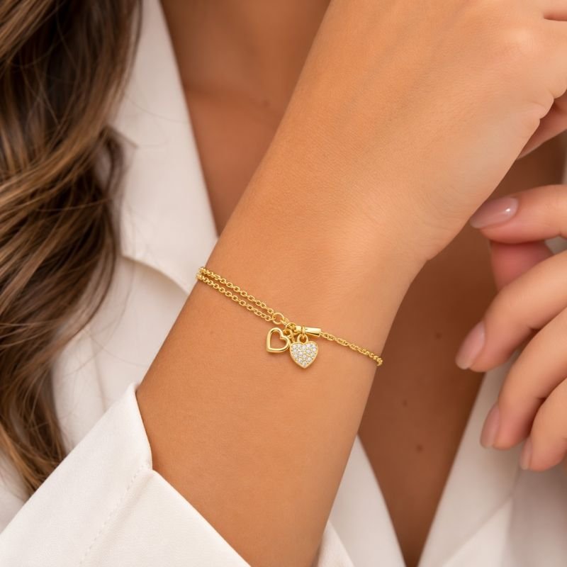 Pulseira Dupla Dourada Coração Zircônias