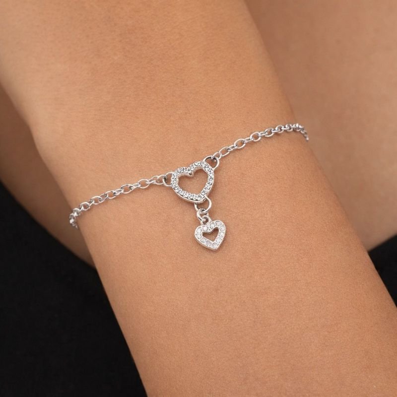 Pulseira Prata 2 Corações e Zircônias